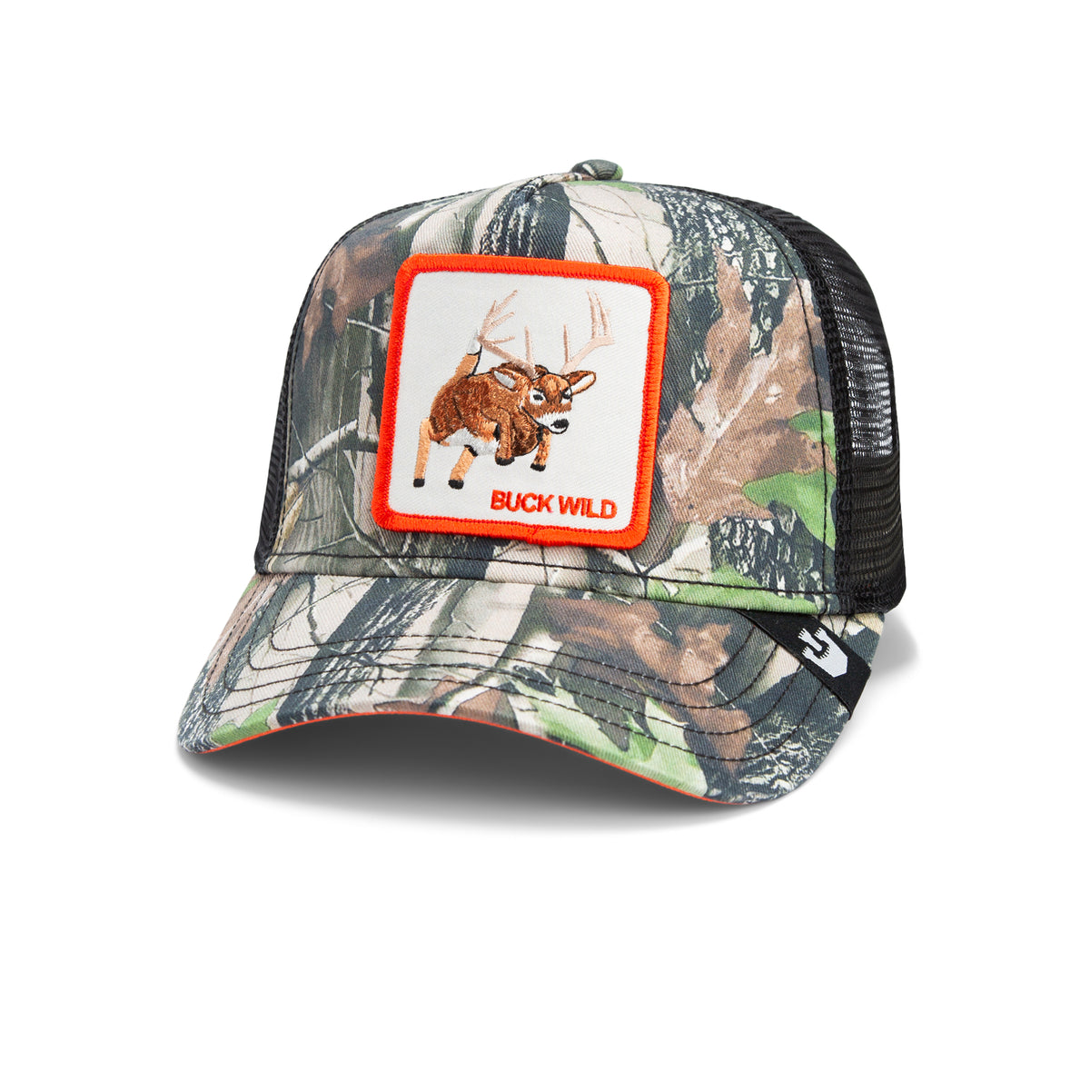 A Goorin Bros. Spooked camo hat, this camouflage trucker features a mesh back and a front patch with an embroidered buck and the bold text SPOOKED—making it the ultimate hunting cap for outdoor enthusiasts.