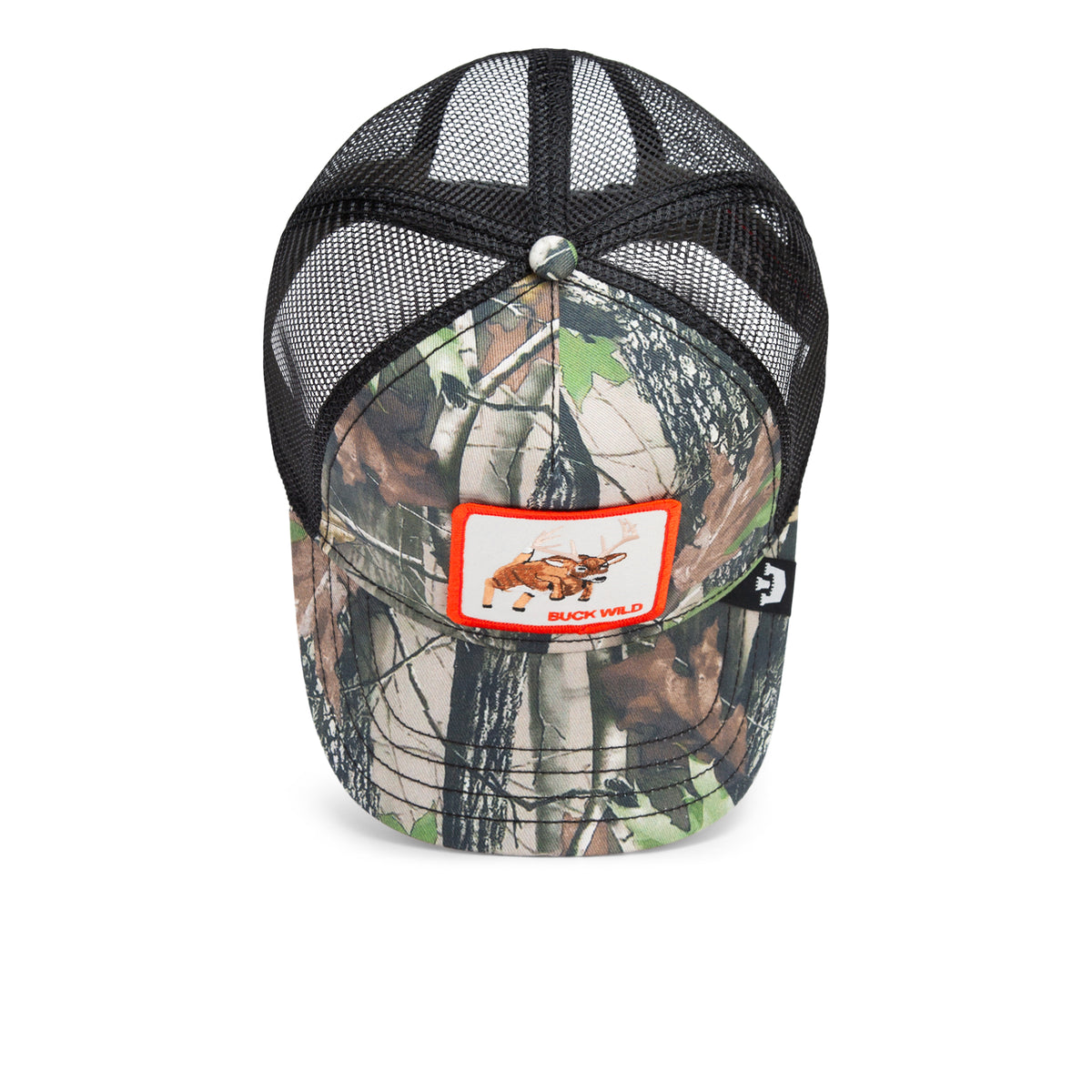 A Goorin Bros. “Spooked” camouflage trucker hat with a black mesh back, featuring a front patch with a wild boar and the text BUCK WILD—a bold camo hat perfect for your next adventure.
