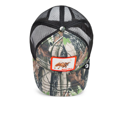A Goorin Bros. “Spooked” camouflage trucker hat with a black mesh back, featuring a front patch with a wild boar and the text BUCK WILD—a bold camo hat perfect for your next adventure.