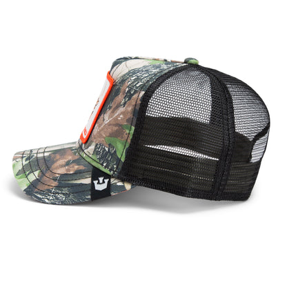 The Goorin Bros. Spooked camo hat features a camouflage-patterned design, black mesh back panels, a curved brim, and a small crown logo tag on the side—making it the perfect go-to hunting cap.