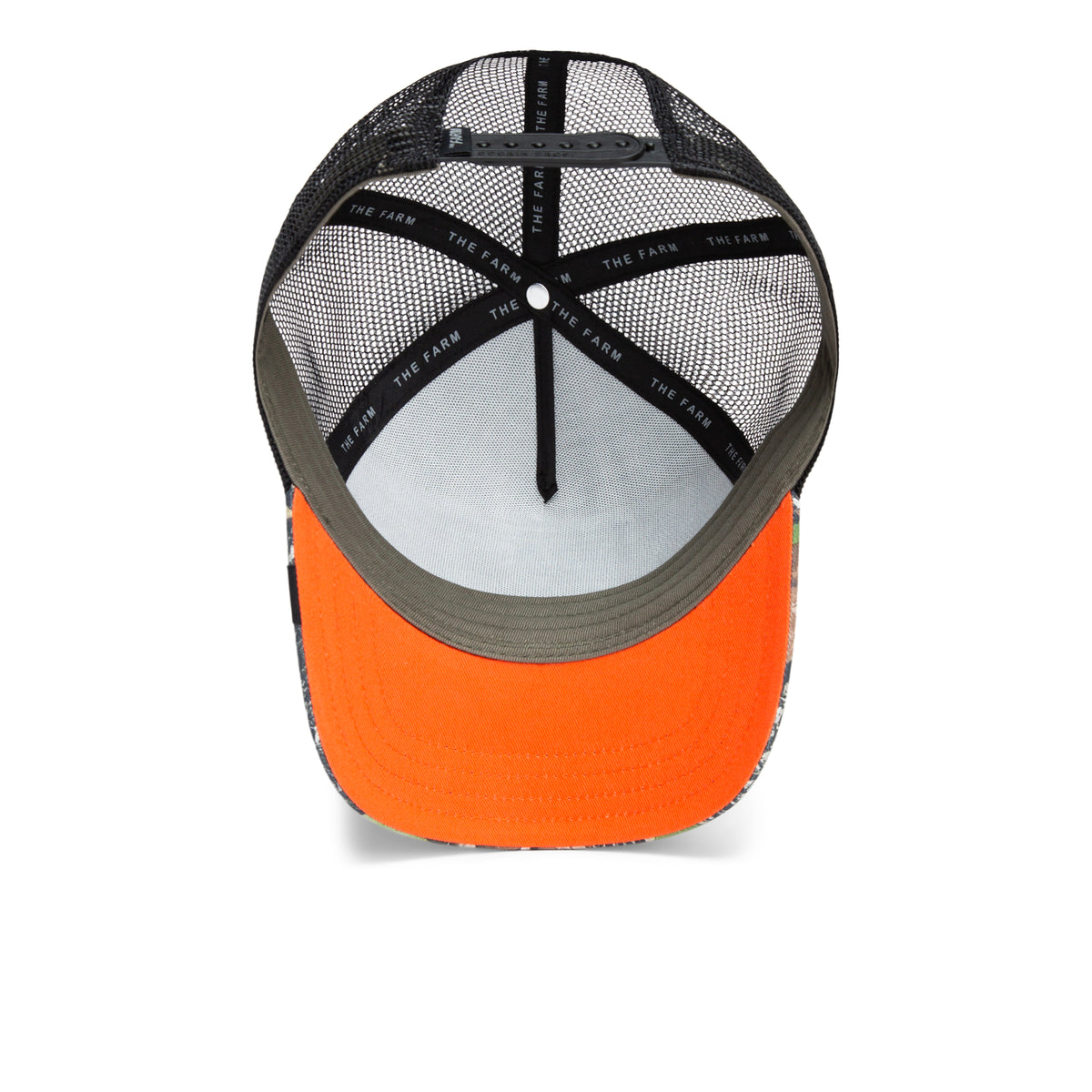 View of the inside of a mesh-back baseball cap with a bright orange visor and black interior seams labeled “Spooked” by Goorin Bros. — a standout hunting cap perfect for going Buck Wild in the outdoors.