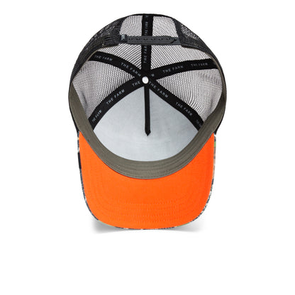 View of the inside of a mesh-back baseball cap with a bright orange visor and black interior seams labeled “Spooked” by Goorin Bros. — a standout hunting cap perfect for going Buck Wild in the outdoors.