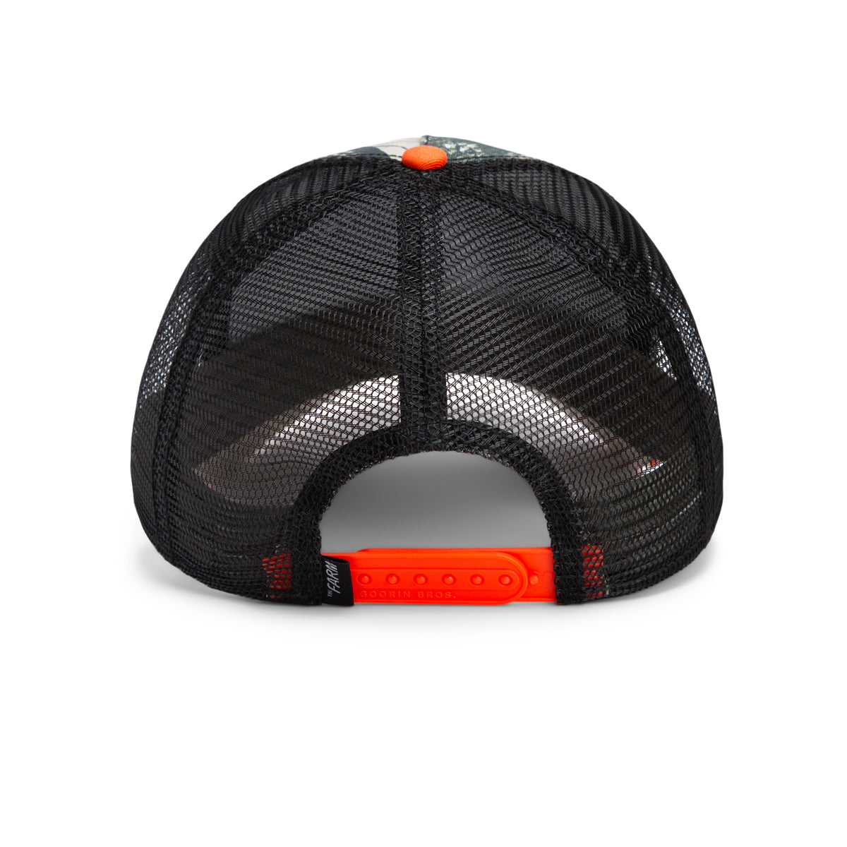 The Goorin Bros. Ambush black mesh trucker hat is featured from the back, highlighting its adjustable orange plastic snap closure and a small orange button on top—perfect for pairing with your favorite camo hat or channeling Mamba-inspired style.