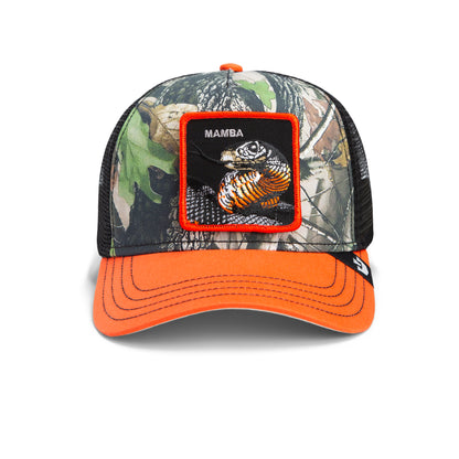 The Ambush hat by Goorin Bros. features a bold camouflage and orange design, highlighted by a striking patch of a coiled mamba snake with the word “MAMBA” emblazoned on the front.