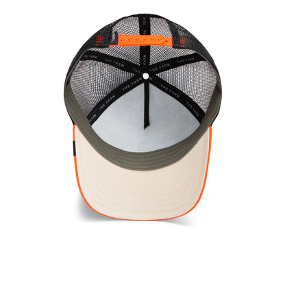 A top view of the Goorin Bros. Ambush trucker hat featuring a beige brim with orange trim, an olive green front reminiscent of a classic camo style, a black mesh back, and an orange adjustable snap closure.