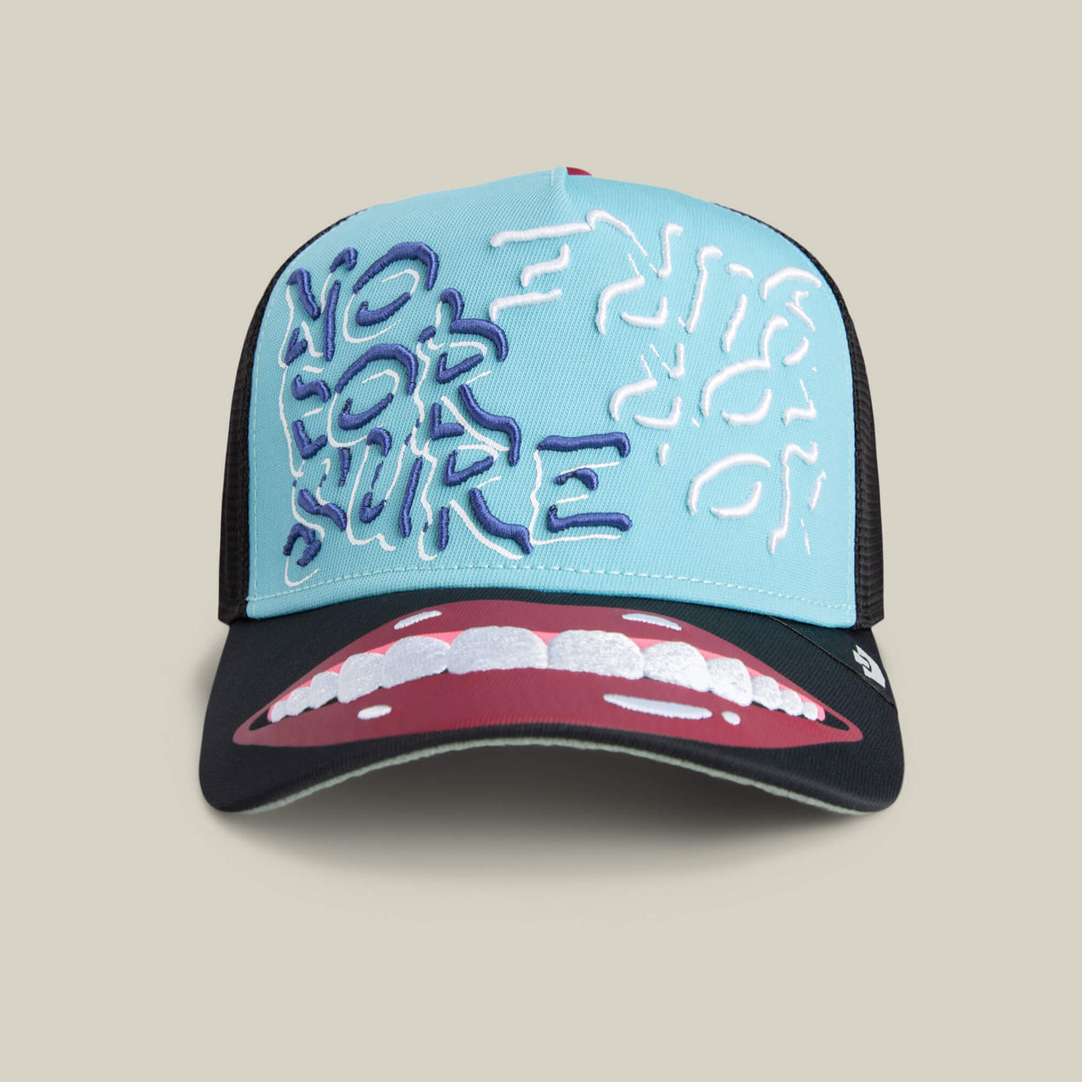 The Means Understood hat by Goorin Bros. features a multicolor design with "NO FOR SURE" embroidered on the front and an open mouth graphic on the brim. All sales are final.