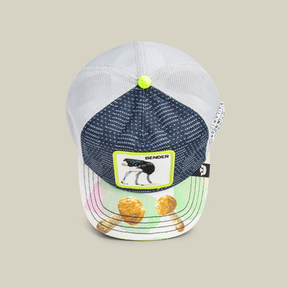 The Goorin Bros. Trance is a mesh-back Airwave hat featuring a “BENDER” ostrich patch and drumstick graphics on the brim—perfect for festivalgoers who groove to their own 128 BPM.