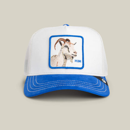 The Suede Goat by Goorin Bros. is a white crown hat with an electric blue brim, featuring a goat patch and "HIM" embroidered on the front.