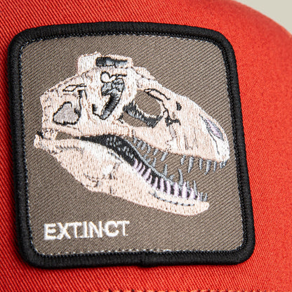 The Extinct Skull by Goorin Bros is a red trucker hat with a gray embroidered dinosaur skull patch on the front and black trim, displayed flat against a red fabric background.