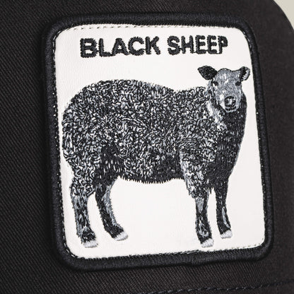 The Black Sheep Trucker by Goorin Bros. features a rectangular patch with a black sheep and bold "BLACK SHEEP" text—ideal for anyone who stands out and embraces individuality.