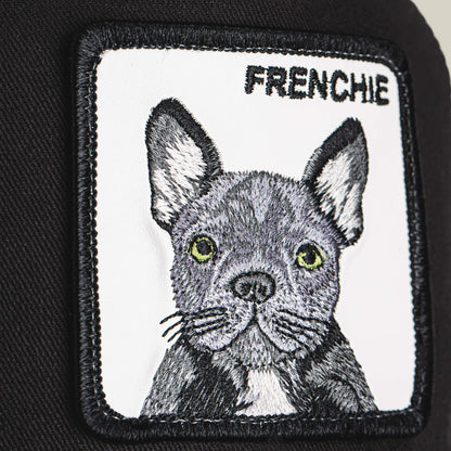 Add a playful touch to your look with the Goorin Bros. *Frenchie Trucker*—featuring an embroidered patch of a French Bulldog’s face and the word FRENCHIE above it, sewn onto classic black fabric—perfect for adding personality to your favorite cap.