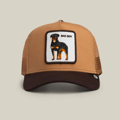 The Goorin Bros. Bad Boy Trucker in HEAT / GROUND features a front patch with a Rottweiler illustration and "BAD BOY" text—a bold statement hat for edgy style lovers.