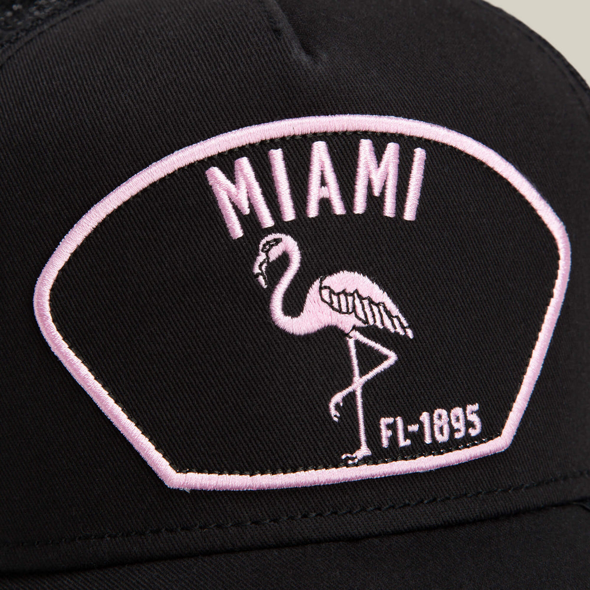 The "Miami" cap by Goorin Bros. features a South Beach vibe with a MIAMI patch, flamingo, and FL-1895 embroidery in light pink.