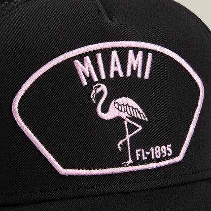 The "Miami" cap by Goorin Bros. features a South Beach vibe with a MIAMI patch, flamingo, and FL-1895 embroidery in light pink.