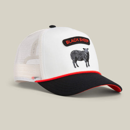 The Goorin Bros. Pop Rocker Sheep cap features a white mesh, black bill, red trim, and a front patch with an embroidered black sheep graphic.