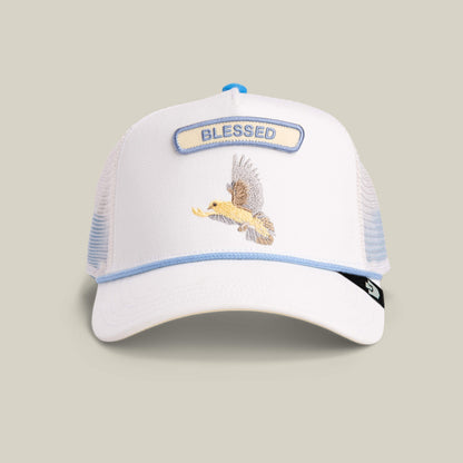 The Goorin Bros. Pop Rocker Blessed hat features a blank mesh back, a blue-bordered BLESSED patch, an embroidered eagle on the front, and a small logo tag on the brim for subtle branding.