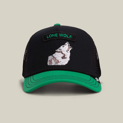 The Goorin Bros. Pop Rocker Wolf cap in Void features a breathable mesh back, wolf embroidery, and LONE WOLF text on the front.