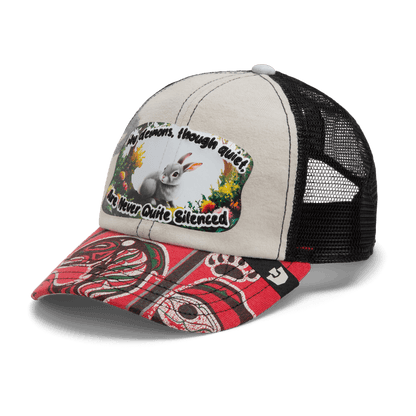 The Goorin Bros. Lil Ronin hat from our Storybook collection features a beige front, black mesh back, red patterned brim, and a rabbit patch that reads: “My demons, though quiet, are never quite silenced.”.