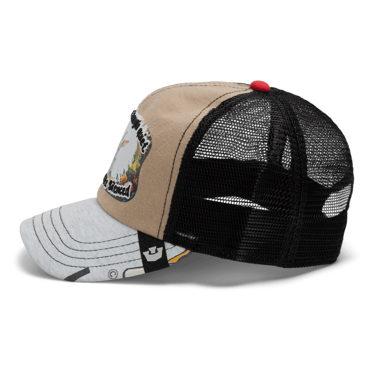 The Lil Ronin by Goorin Bros. is a beige and black trucker hat with a mesh back, gray graphic brim, and front patch—crafted from recycled tee shirts for an eco-friendly twist.