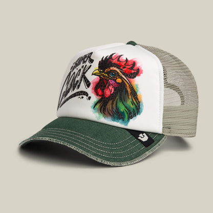 Green and white trucker cap by Goorin Bros., featuring a hand-illustrated rooster and "Super Luck" on the front panel—an eye-catching Cock Disruption hat for standout casual style.