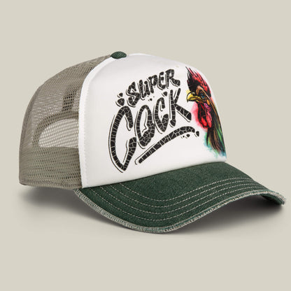 The Goorin Bros. Cock Disruption hat features a hand-illustrated rooster on a white front panel, bold text, green brim, and classic mesh trucker style for standout flair.