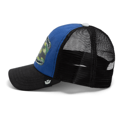 The Goorin Bros. Lil Sohei is a blue and black trucker hat from the Storybook collection, featuring a front camo patch and black mesh back—ideal for anyone seeking a unique cap.