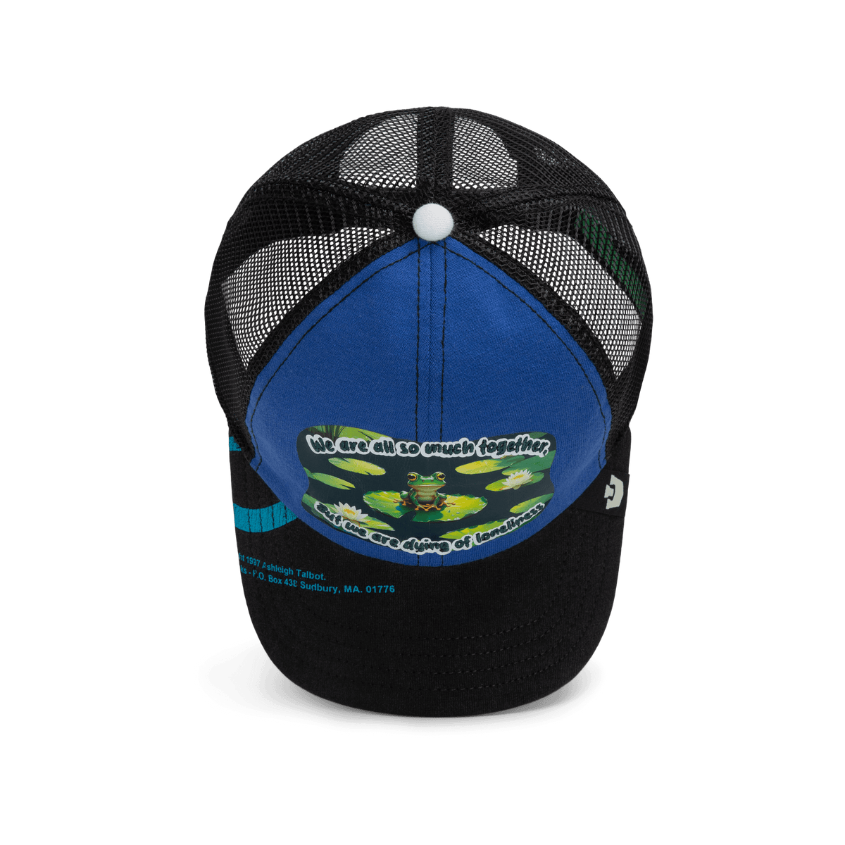 The Lil Sohei by Goorin Bros. is a black and blue mesh trucker hat from the Storybook collection, featuring a frog and lily pad graphic with the text "We are all so much together, but we are all dying of loneliness.