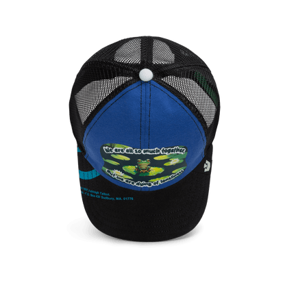 The Lil Sohei by Goorin Bros. is a black and blue mesh trucker hat from the Storybook collection, featuring a frog and lily pad graphic with the text "We are all so much together, but we are all dying of loneliness.