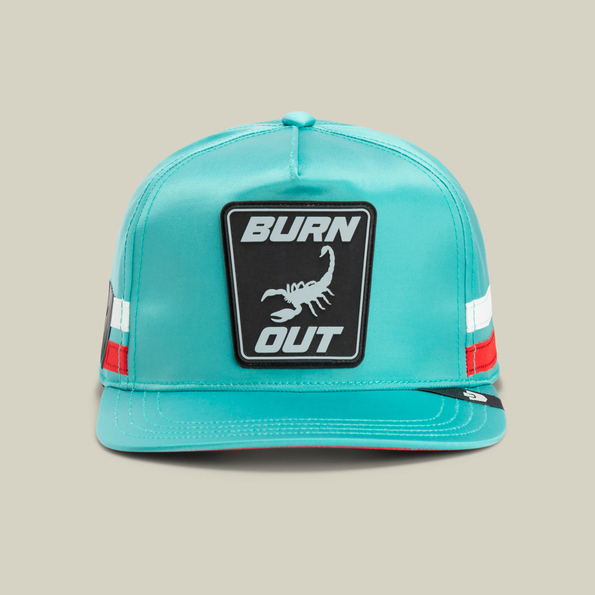A luminous Pole Position - Road Kill hat by Goorin Bros., showcasing bold red, white, and green chrome satin stripes on the sides and a striking front patch that reads BURN OUT with a scorpion graphic.