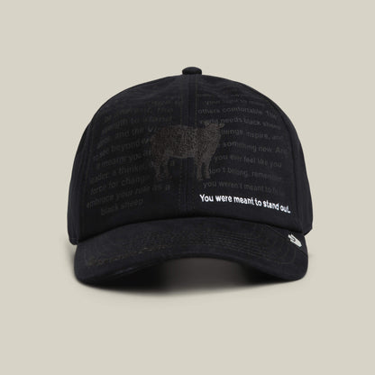 The Define Yourself - Black Sheep cap by Goorin Bros. in VOID features a dark sheep illustration and "You were meant to stand out." embroidery—perfect for those who dare to be different.