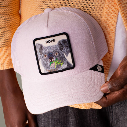 A person holds the Goorin Bros. Terry Cloth Koala, a pale pink hat with a stitched patch of a koala eating leaves and the word "DOPE" above it.