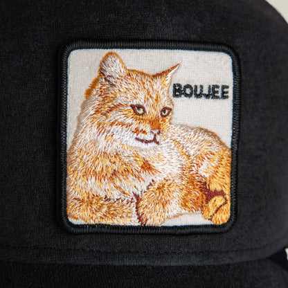 The Goorin Bros. Terry Cloth Cat is a black terry cloth hat featuring a square embroidered patch with an orange cat and the word BOUJEE, offering plush softness and stylish comfort to elevate your luxury loungewear collection.