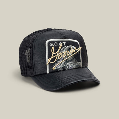 The NeoBrand GOAT by Goorin Bros. is a black mesh trucker hat featuring “G.O.A.T.” and “Yours” embroidery with a goat image—perfect to match your favorite monochrome sneakers.