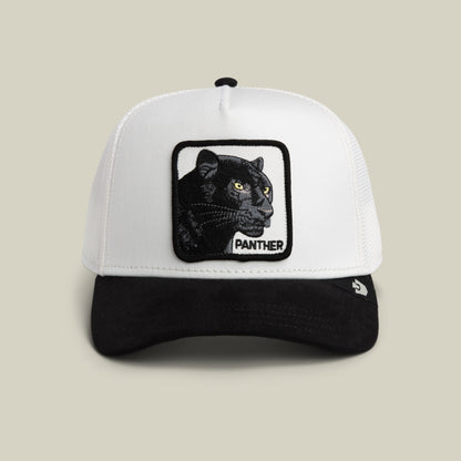 The Goorin Bros. Suede Black Panther hat in DUST/VOID features a bold panther patch, embroidered PANTHER logo on the front, and a stylish microsuede brim.