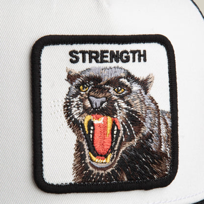 The Goorin Bros. Strength Panther Trucker features a snarling black panther and "STRENGTH" on a white background—ideal for adding bold style to your favorite cap or accessory.