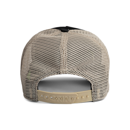 The Goorin Rework Trucker by Goorin Bros. is shown from the back, featuring a beige mesh design and an adjustable snapback closure—crafted from recycled fabrics for a unique, eco-friendly touch.