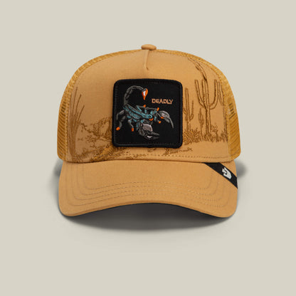 Amber trucker hat with mesh back, featuring a cactus design and a front patch labeled "DEADLY" with a scorpion, from the Goorin Bros. Badlands Scorpion collection.
