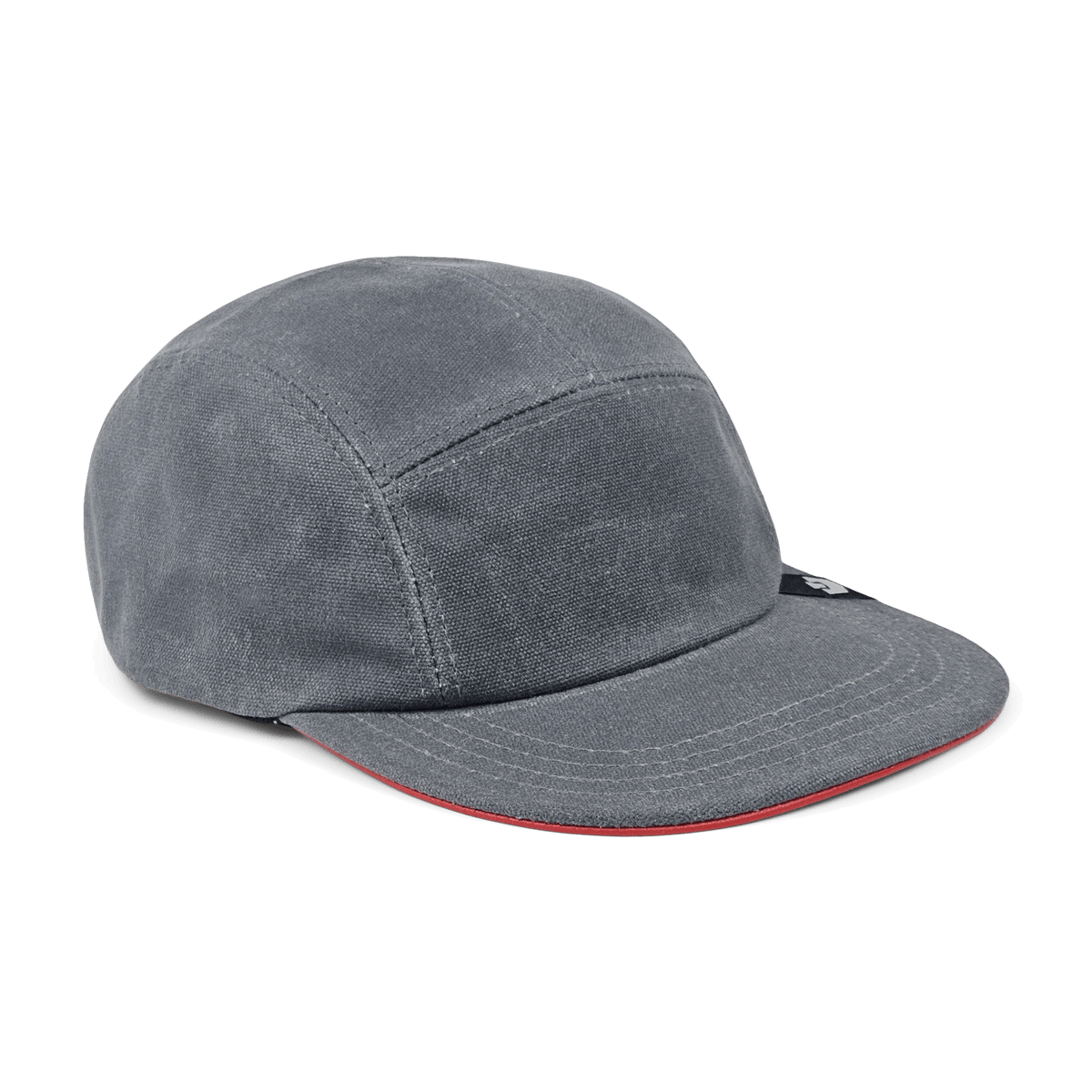 The North Boulder by Goorin Bros. is a grey cotton 5-panel camp cap with visible stitching and a slightly curved brim featuring a red underside, hand cut and sewn in the USA, shown on a white background.
