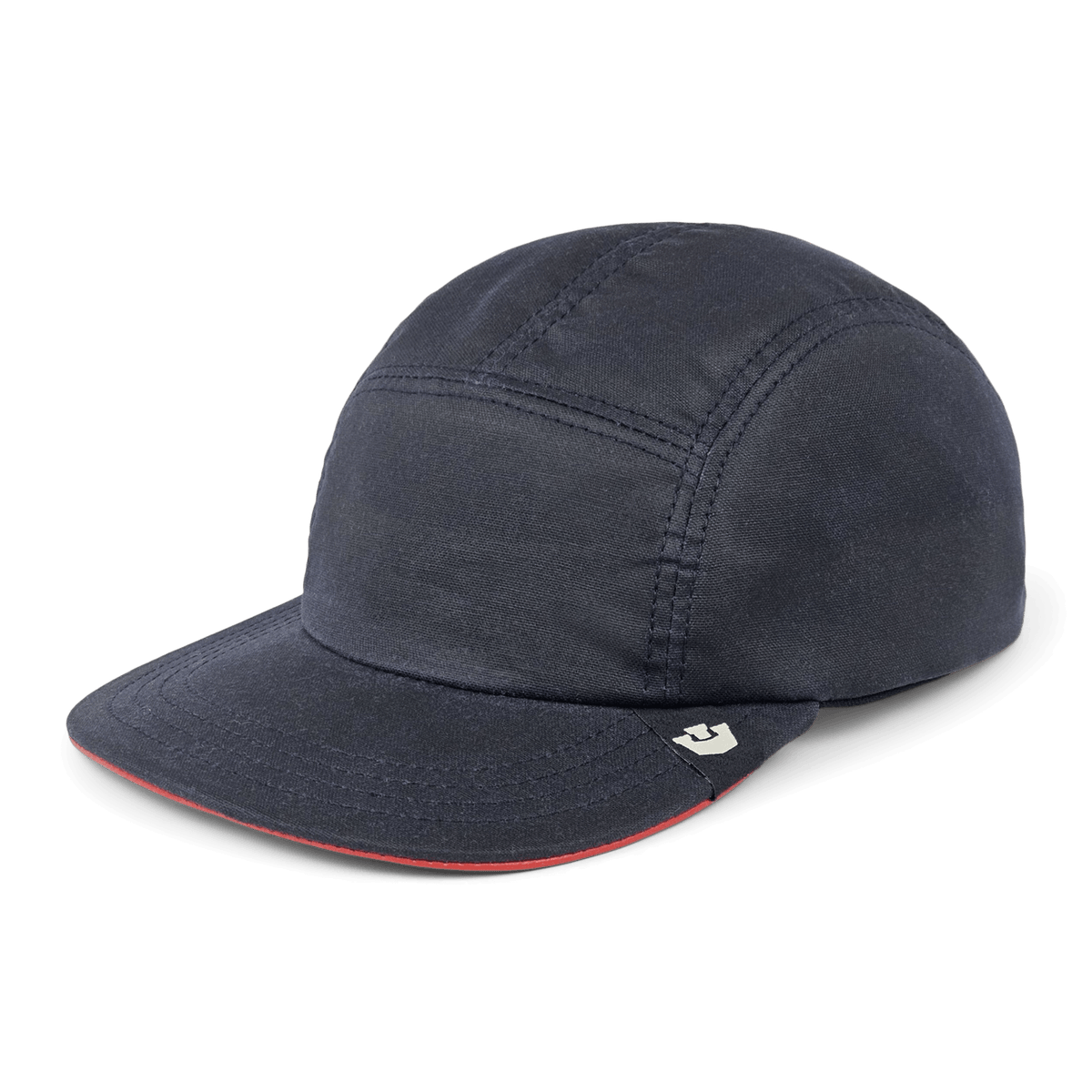 The North Boulder by Goorin Bros. is a dark navy 5-panel camp cap with visible stitching, flat brim, and a small beige logo tag on the front left side, hand cut and sewn in the USA.