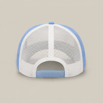 Back view of the Goorin Bros. La Pulga Atomica hat, a blue and white classic trucker with mesh panels, adjustable snap closure, and an embroidered GOAT patch.