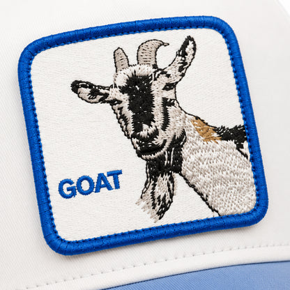 Embroidered La Pulga Atomica patch by Goorin Bros., featuring bold design on white fabric with blue border—perfect for adding iconic style to your favorite GOAT trucker hat.