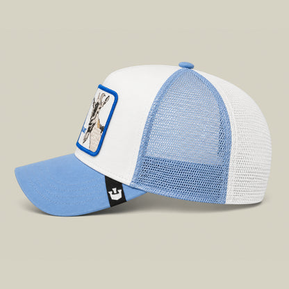 The Goorin Bros. La Pulga Atomica is a white and light blue mesh trucker hat with a blue brim and a front patch depicting a giraffe.