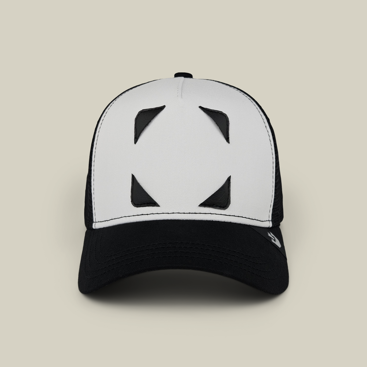 Goorin Bros. Birds N Bees Patch Pack with GB Patch Corner Trucker - Black and White featuring four black triangular patches arranged in a square pattern on the front panel.