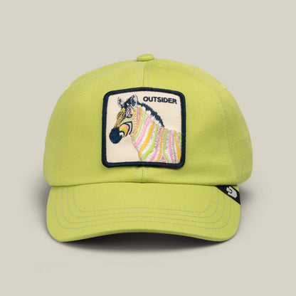 Lime green Outsiderland baseball cap by Goorin Bros., featuring a patch with a striped zebra and the word “OUTSIDER” embroidered above it; crafted in the USA for premium quality.