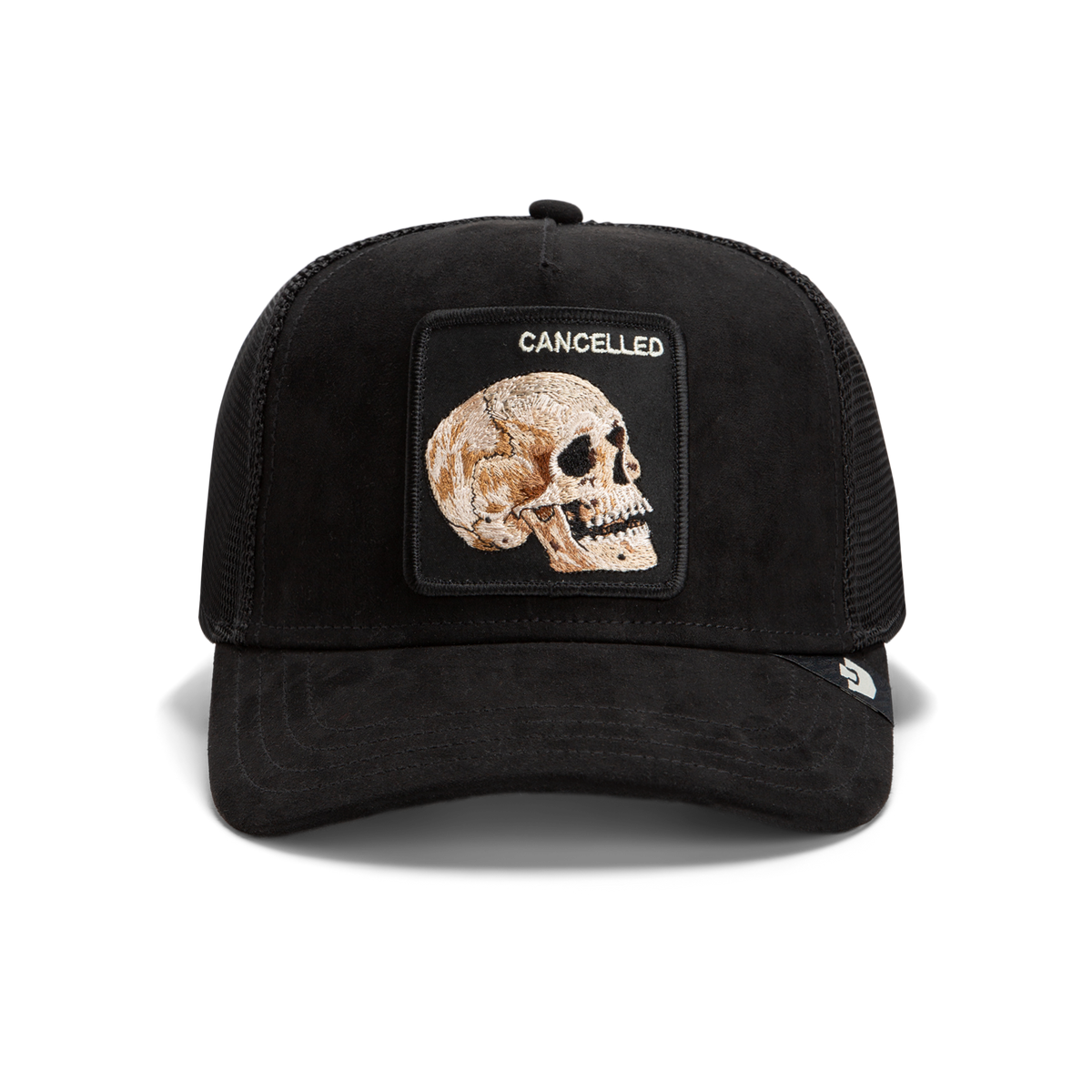 The Goorin Bros. Bold Suede Skull is a black limited edition hat featuring an embroidered skull patch with "CANCELLED" above it.