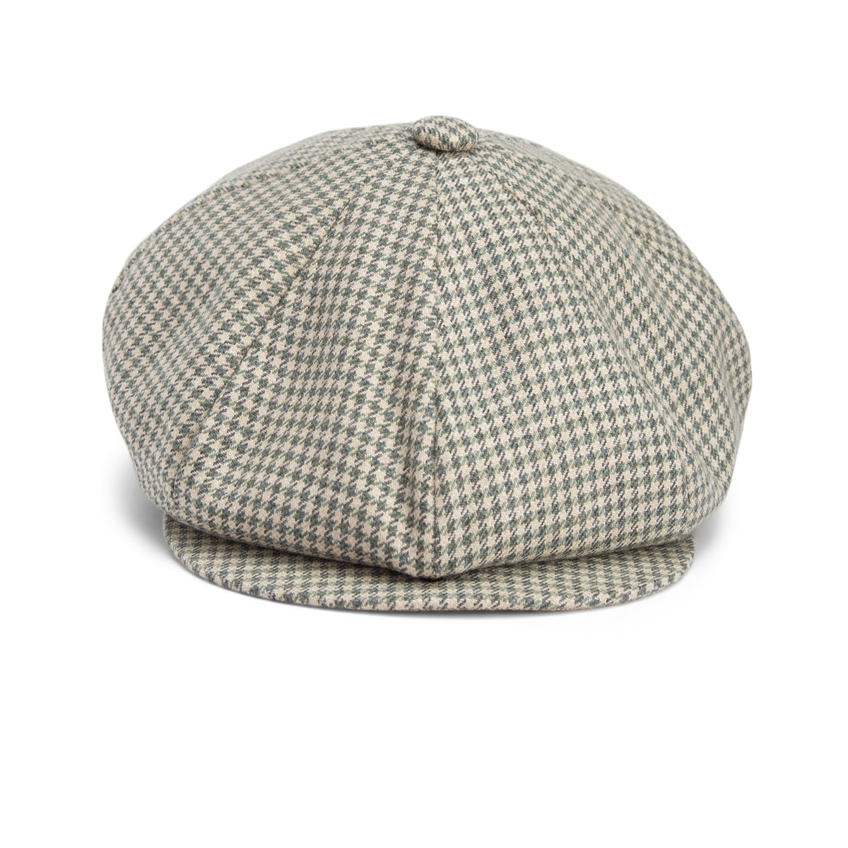 The Goorin Bros. “Ham Bone” is a grey and white houndstooth newsboy hat with a round crown and small brim, shown from the front against a white background. Final Sale—All Sales Are Final.