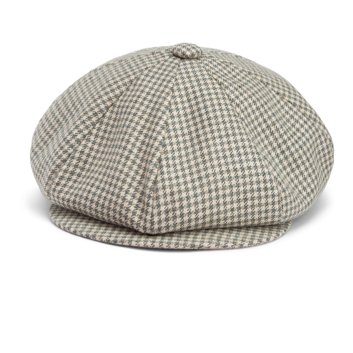 Ham Bone flat cap hat by Goorin Bros. in gray houndstooth with a button on top, shown on a plain white background. Final Sale—All Sales Are Final.
