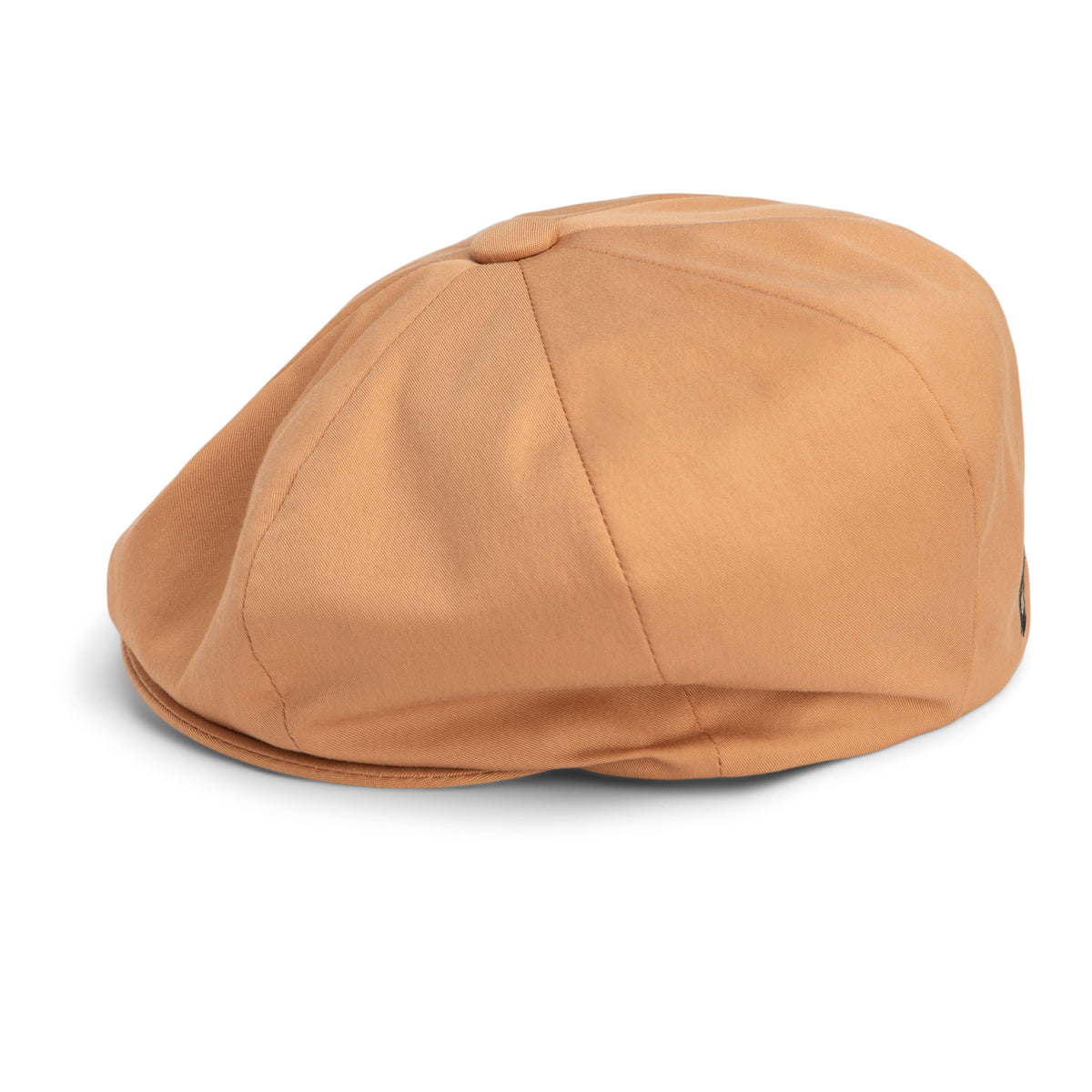 Chopping Block by Goorin Bros. is a tan newsboy cap with a round, paneled design and a small button on top, offering a distinctive shape that brings an exclusive flair to your secret fashion collection. Shown on a plain white background.