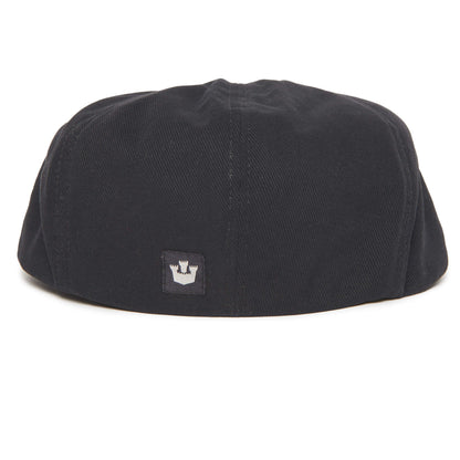 Black cotton beret viewed from the back, featuring a small square patch with a white crown logo at the center bottom—an effortlessly stylish accessory from Goorin Bros. that brings the classic appeal of their Mulberry Street flatcap to your look.