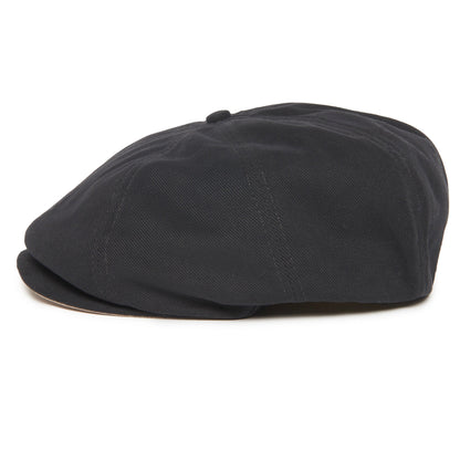 The Mulberry Street by Goorin Bros. is a trendy black cotton flat cap, shown from the side on a white background, that brings a touch of classic style to any look.